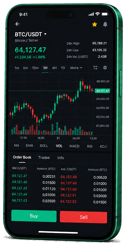 Interface mobile de trading Diamant Kapitoire — cours BTC/USDT en direct, carnet d’ordres et outils d’exécution